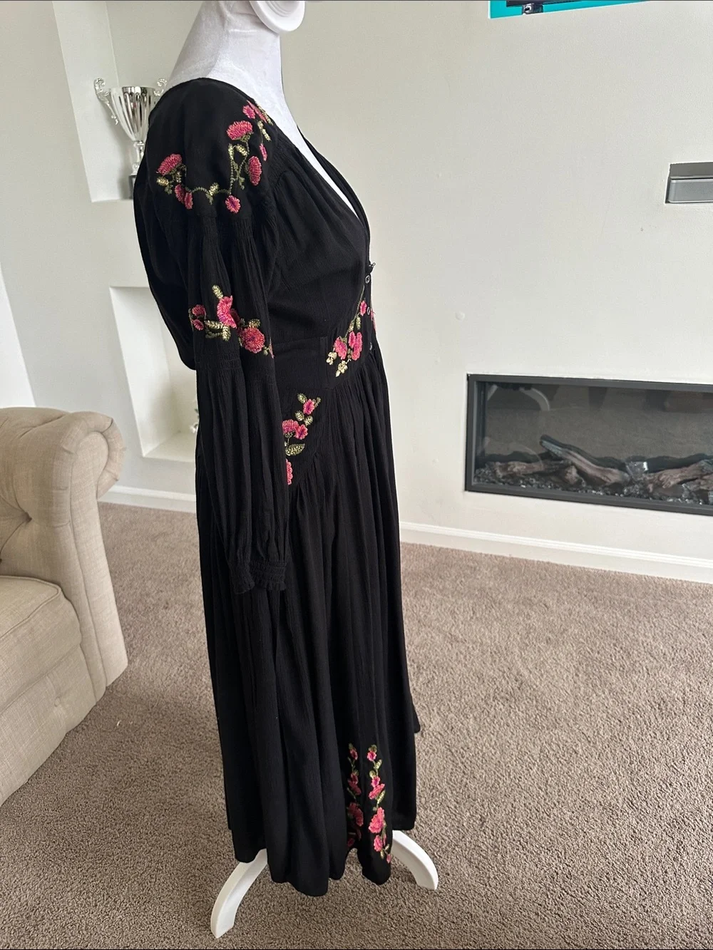 Free People Black Midi Dress with Pink Floral Embroidery